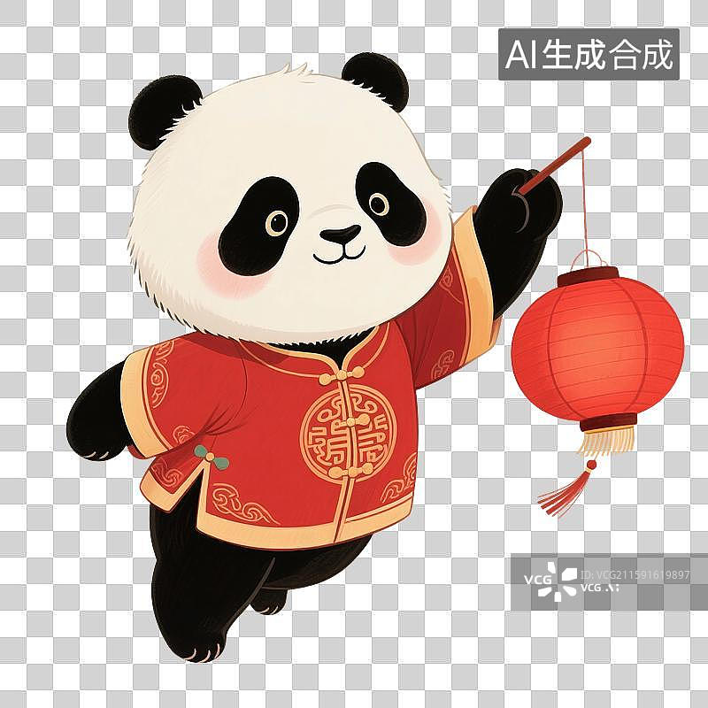 【AI数字艺术】国风手绘插画，拿着红色灯笼的可爱卡通大熊猫，熊猫，国宝，春节，新年，国庆节，中秋节，元宵节，免抠元素图片素材