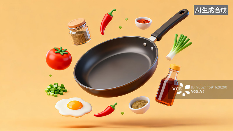 【AI数字艺术】烹饪食材与平底锅图片素材