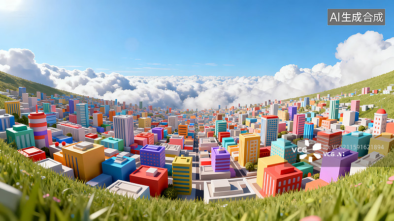 【AI数字艺术】卡通城市云海景观图片素材