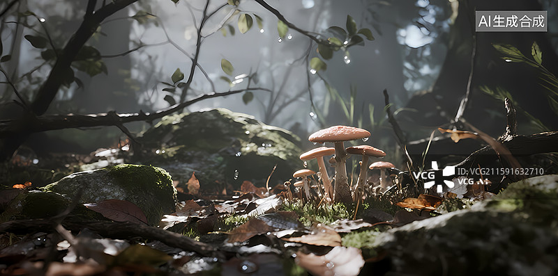 【AI数字艺术】森林中的蘑菇群图片素材
