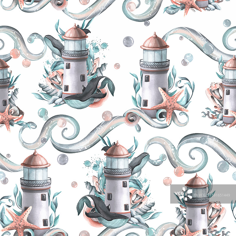 一个海洋灯塔，周围有鲸鱼、海藻和贝壳图片素材
