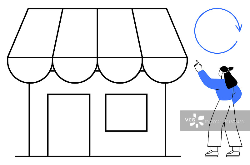 女人在有遮阳篷的店面附近做手势图片素材