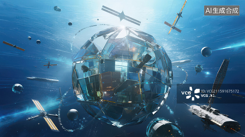 【AI数字艺术】太空中的巨型透明球体与卫星图片素材