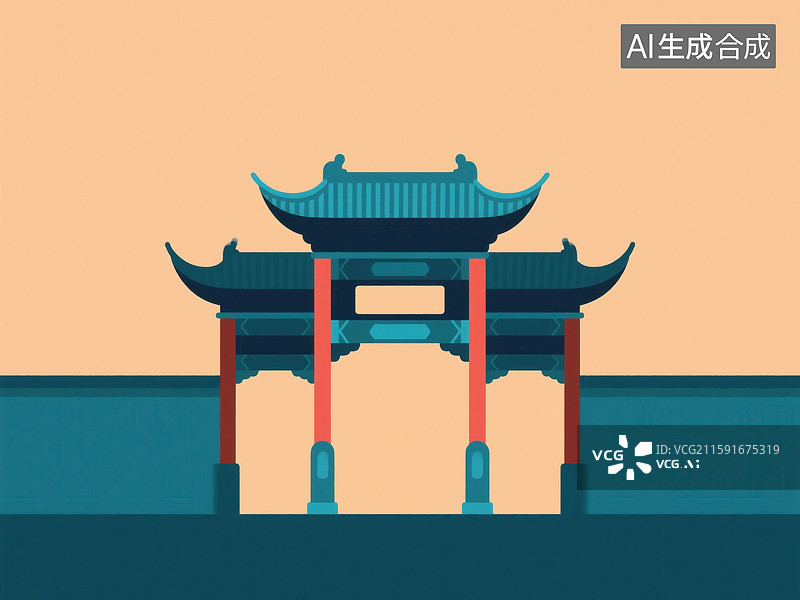 【AI数字艺术】扁平化风格中国传统牌坊插画图片素材