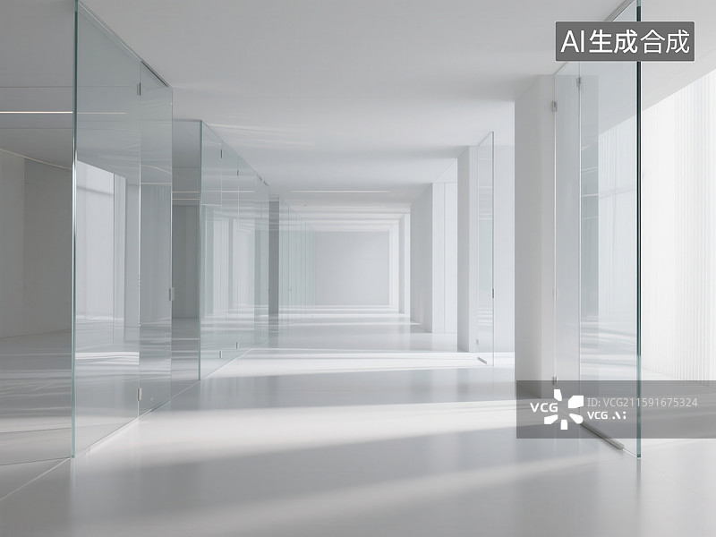 【AI数字艺术】极简主义通透玻璃隔断的光影空间艺术图片素材