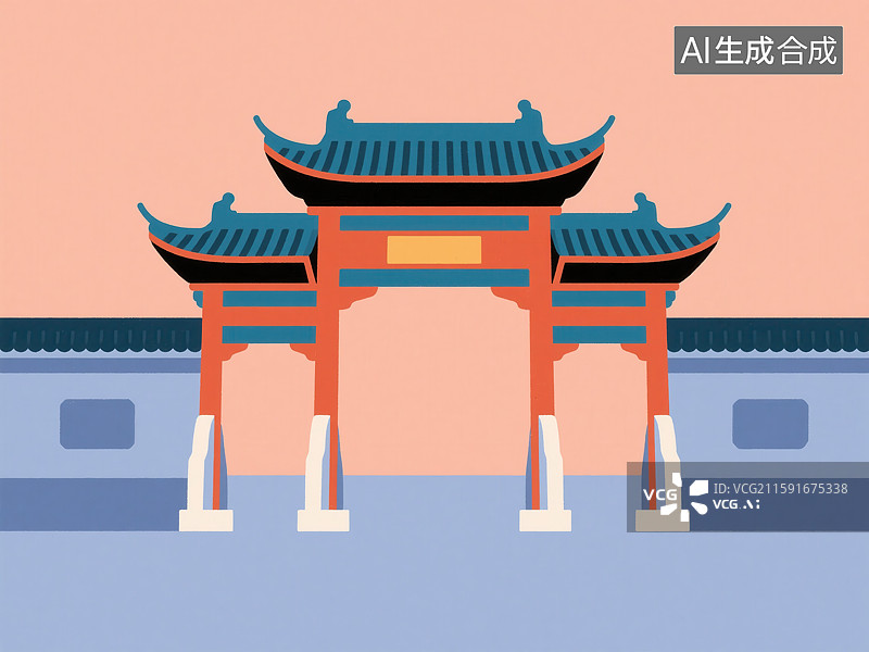 【AI数字艺术】扁平化风格中国传统牌坊插画图片素材