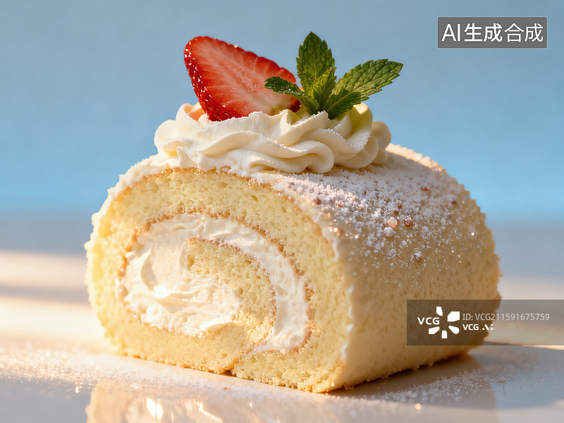 【AI数字艺术】清新草莓奶油瑞士卷图片素材