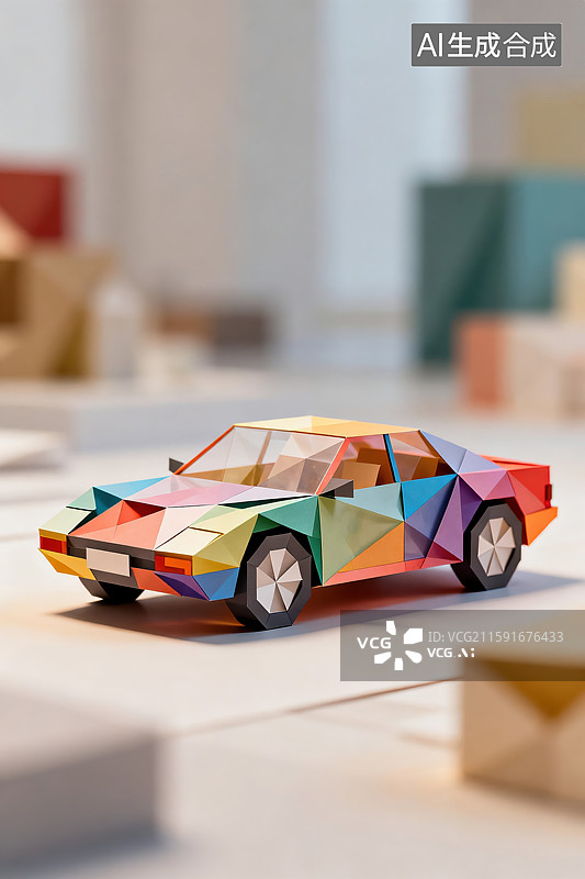 【AI数字艺术】多彩折纸汽车创意手工艺术作品图片素材