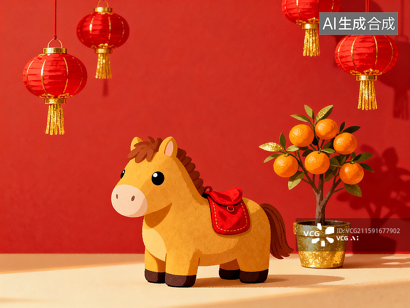 【AI数字艺术】新年装饰下的马形摆件与橘树图片素材