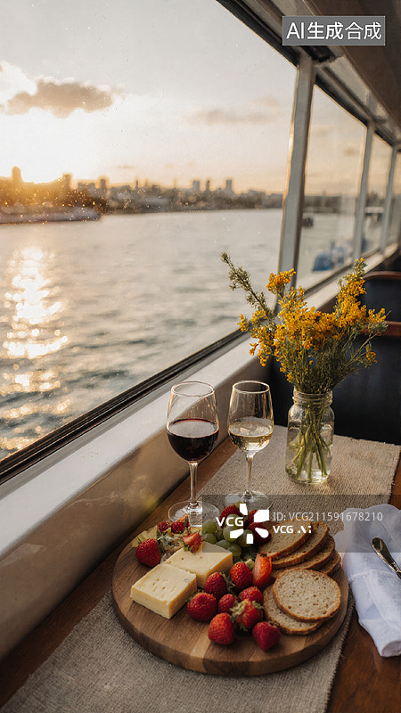 【AI数字艺术】夕阳船上美食图片素材
