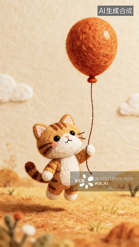 【AI数字艺术】毛毡风格可爱猫咪气球秋天暖色系图片素材