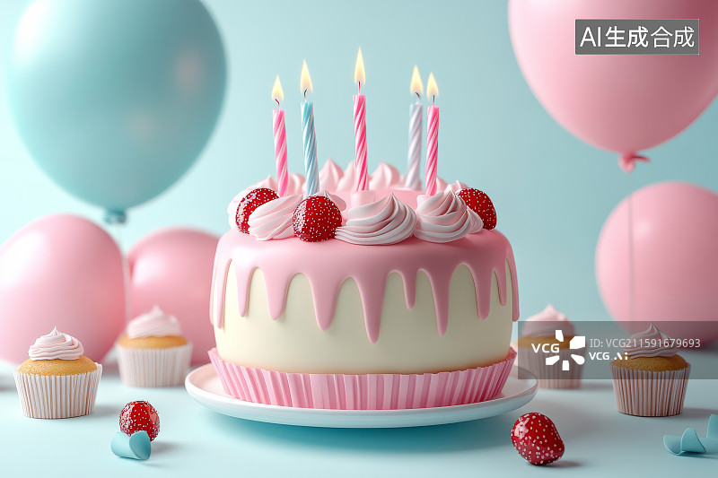 【AI数字艺术】粉色主题生日蛋糕与气球装饰图片素材