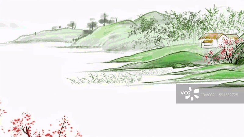 乡村画 山 水 房子 桃花图片素材