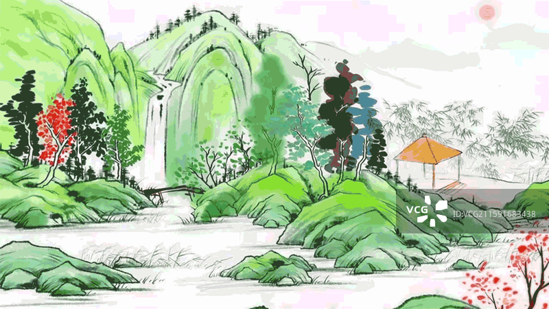 古代 风景 插画 水墨 背景 山 水 树 梅花 凉亭图片素材