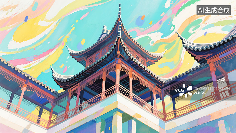 【AI数字艺术】中式建筑插画图片素材