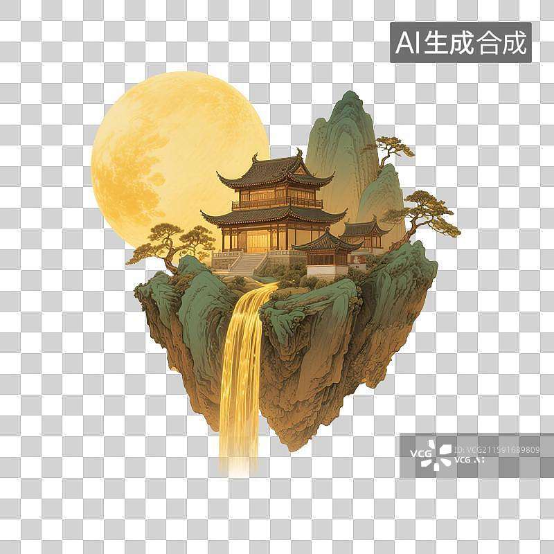 【AI数字艺术】中秋节新国风东方唯美意境美学艺术插图半空中超级巨大金黄色月亮青绿山水瀑布倾泻而下古建筑仙侠场景山水画图片素材