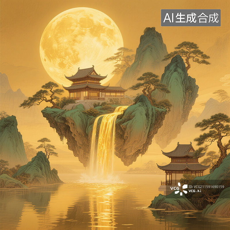 【AI数字艺术】中秋节新国风东方唯美意境美学艺术插图半空中超级巨大金黄色月亮青绿山水瀑布倾泻而下古建筑仙侠场景山水画图片素材