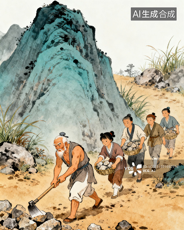 【AI数字艺术】愚公移山插画图片素材