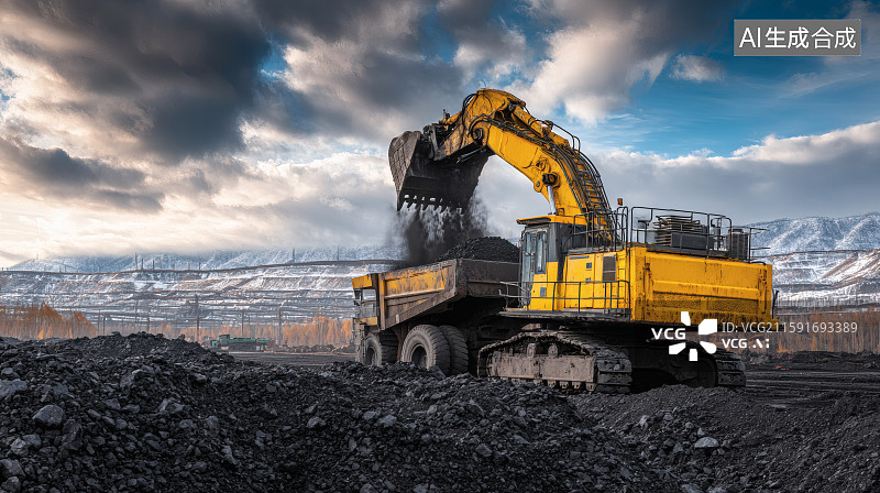 【AI数字艺术】煤矿上，一台挖机正在往矿车上倾倒煤炭图片素材