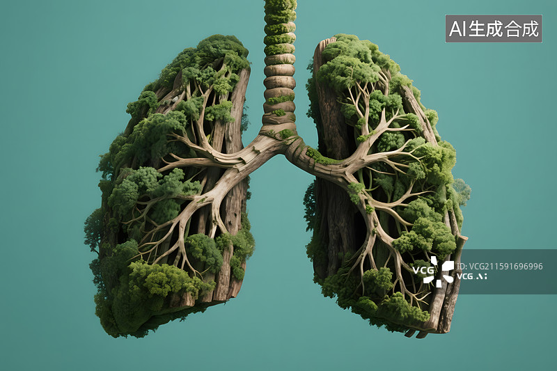 【AI数字艺术】由树木组织的一颗肺部特写，自然环境保护图片素材