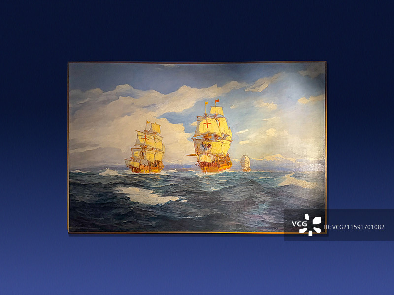 智利国家历史博物馆藏舰队发现麦哲伦海峡。阿尔瓦罗·卡萨诺瓦·泽特诺的画作，1925年图片素材