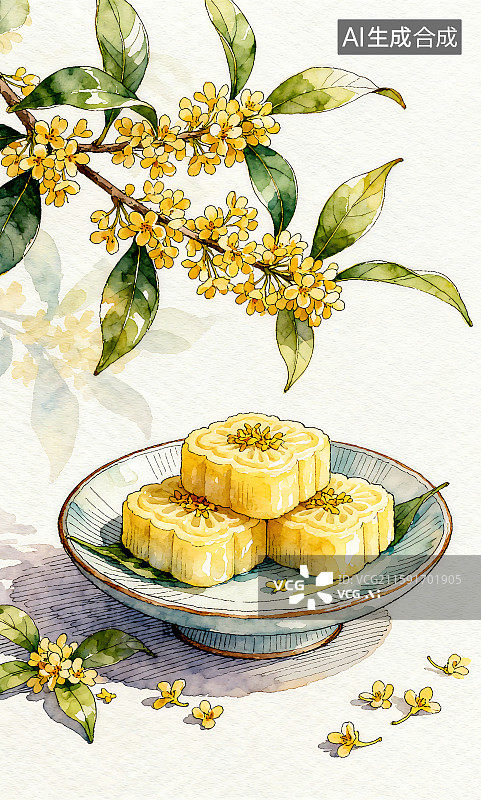 【AI数字艺术】秋日美食中式糕点桂花糕桂花水彩海报插画图片素材