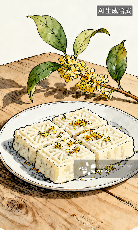 【AI数字艺术】秋日美食中式糕点桂花糕桂花水彩海报插画图片素材