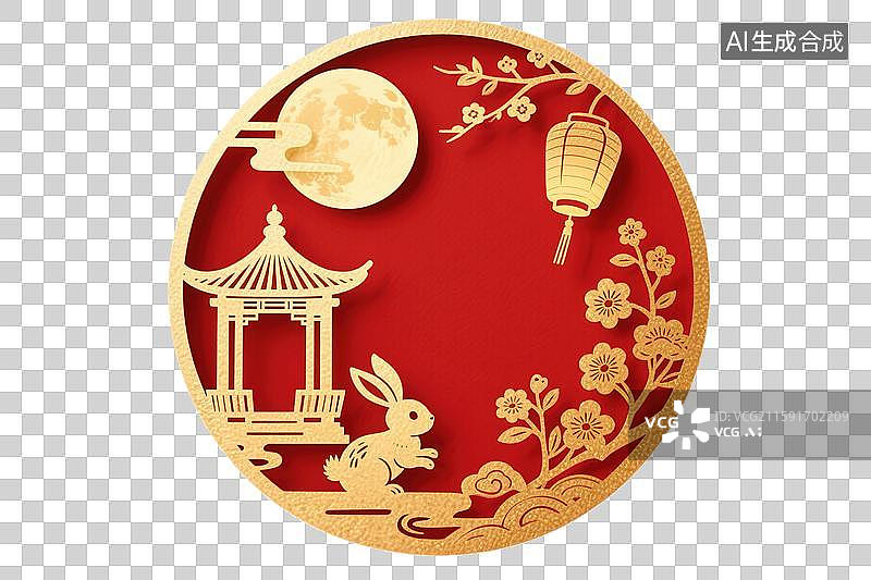 【AI数字艺术】中秋节玉兔广寒宫桂花树灯笼满月圆月新国风中式国潮风传统图案吉祥纹样装饰画微立体剪纸窗花创意艺术喜庆图片素材