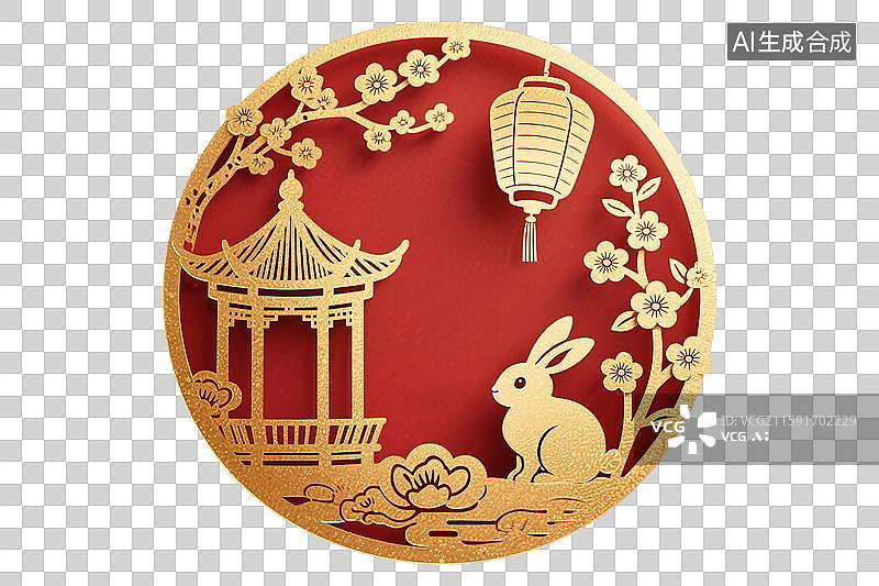【AI数字艺术】中秋节玉兔广寒宫桂花树灯笼满月圆月新国风中式国潮风传统图案吉祥纹样装饰画微立体剪纸窗花创意艺术喜庆图片素材