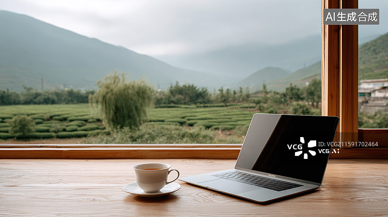 【AI数字艺术】窗台上的笔记本电脑与窗外乡村田园自然风景图片素材