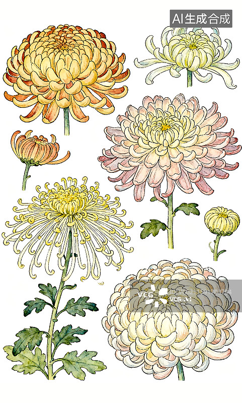 【AI数字艺术】清新治愈秋日菊花水彩白底海报插画图片素材