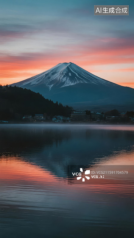 【AI数字艺术】富士山日出湖面倒影图片素材