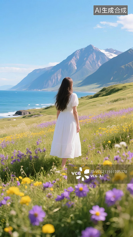 【AI数字艺术】女子背影伫立花海望远山图片素材