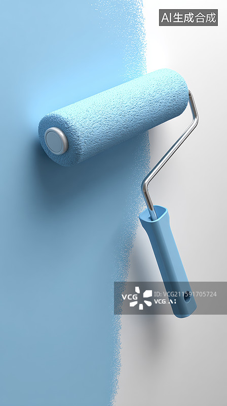 【AI数字艺术】蓝色滚筒刷正在粉刷墙面图片素材
