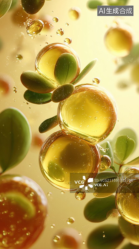 【AI数字艺术】透明油滴与绿叶的悬浮艺术图片素材