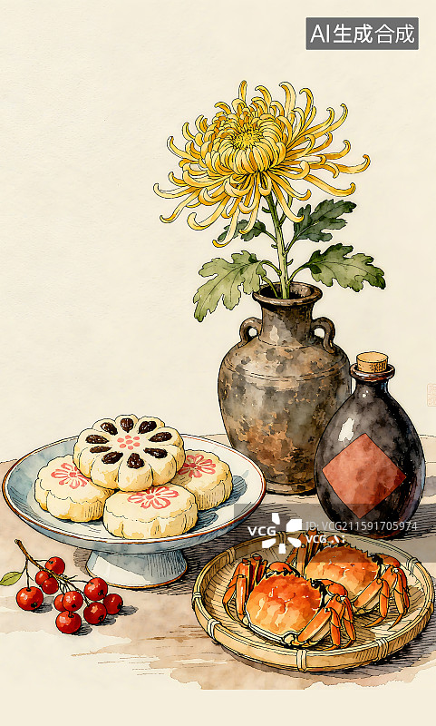 【AI数字艺术】秋天菊花螃蟹酒茱萸重阳水彩海报插画图片素材