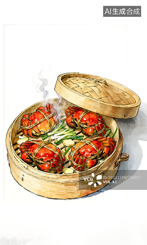 【AI数字艺术】秋天螃蟹大闸蟹清新手绘风插画海报图片素材