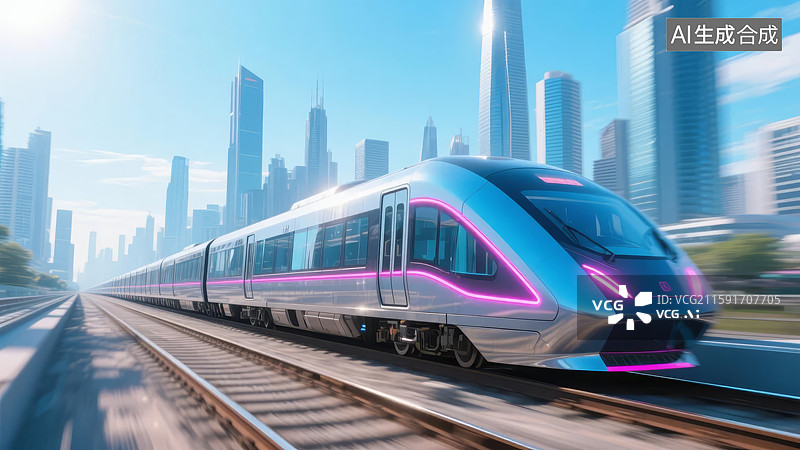 【AI数字艺术】高速列车驶过现代城市图片素材