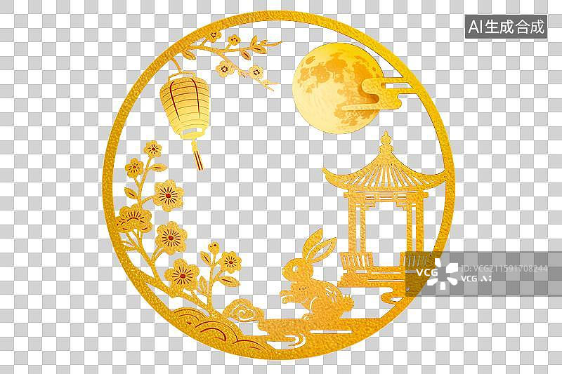 【AI数字艺术】中秋节玉兔广寒宫桂花树灯笼满月圆月新国风中式国潮风传统图案吉祥纹样装饰画微立体剪纸窗花创意设计元素材图片素材
