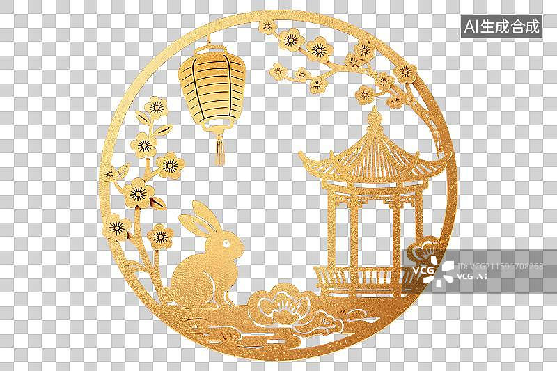 【AI数字艺术】中秋节玉兔广寒宫桂花树灯笼满月圆月新国风中式国潮风传统图案吉祥纹样装饰画微立体剪纸窗花创意设计元素材图片素材