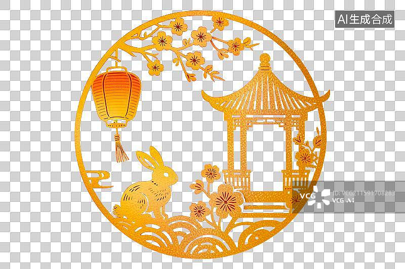 【AI数字艺术】中秋节玉兔广寒宫桂花树灯笼满月圆月新国风中式国潮风传统图案吉祥纹样装饰画微立体剪纸窗花创意设计元素材图片素材