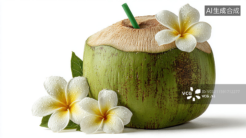 【AI数字艺术】椰子配白色花朵 清新自然图片素材