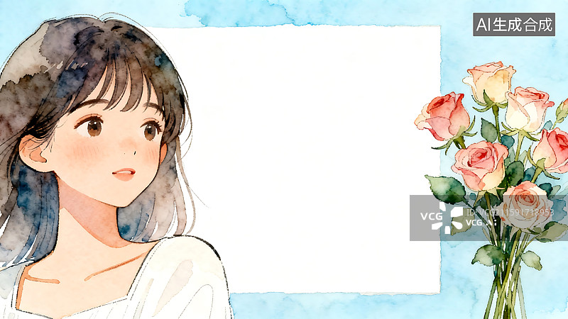 【AI数字艺术】漂亮的女孩和一束粉色玫瑰水彩画背景图片素材