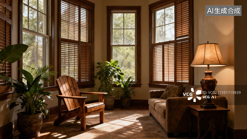 【AI数字艺术】温馨复古的木质百叶窗阳光房图片素材