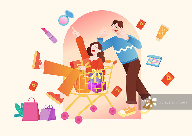 一个男人推着坐在购物车里的女性图片素材