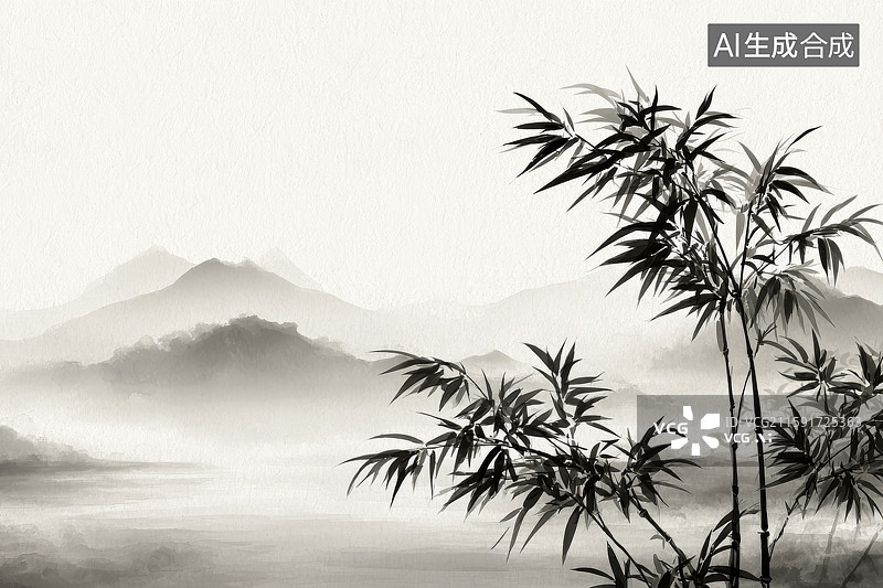【AI数字艺术】水墨竹枝与朦胧山峦图图片素材