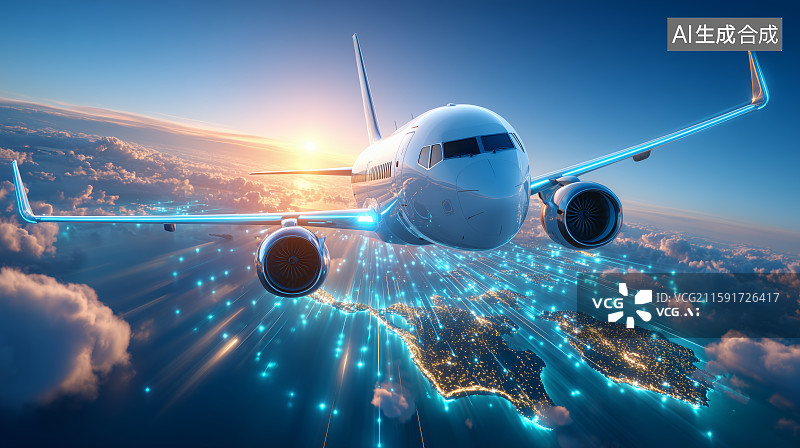 【AI数字艺术】飞机飞越海岸山脉图片素材