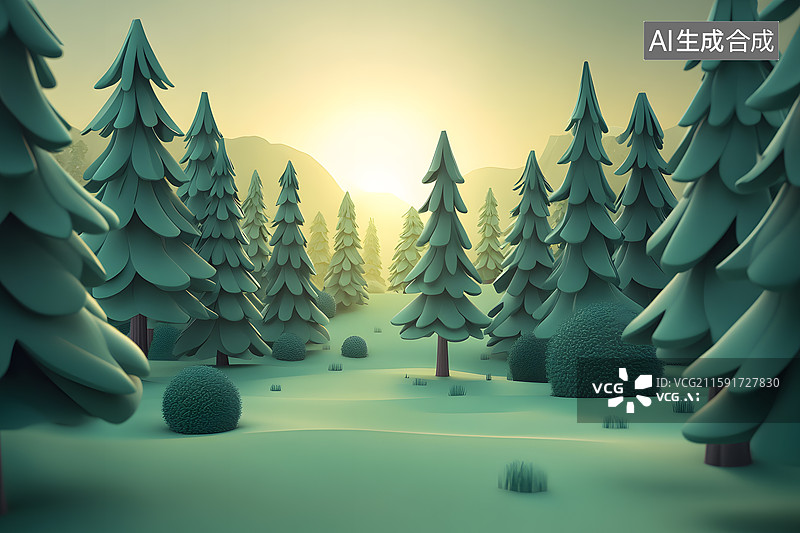 【AI数字艺术】3D松柏森林树林图片素材