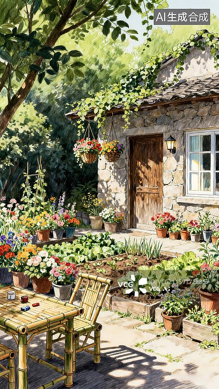 【AI数字艺术】复古田园插画农家小院天井自然风光图片素材