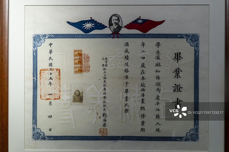 湖北省武汉博物馆：1936年凌琳如上海美专毕业证书（张小莉捐赠，上海市历史博物馆收藏）图片素材